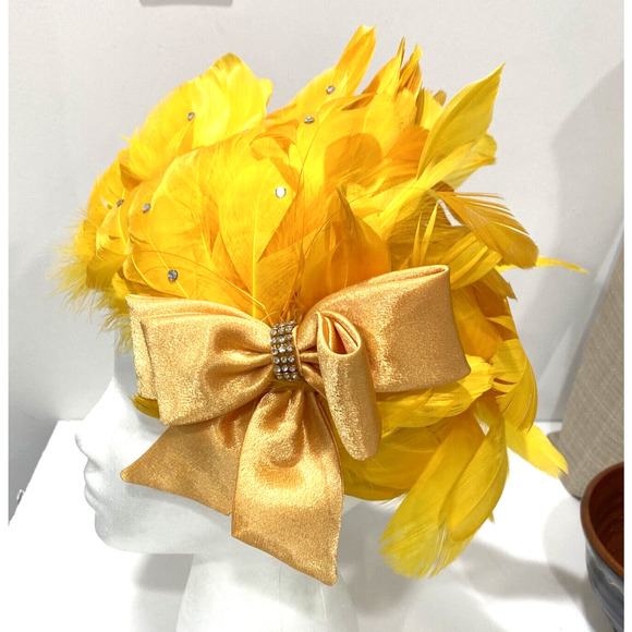 Vintage Ms Devine hat bright yellow feathers satin bow & rhinestones statement - Picture 4 of 10